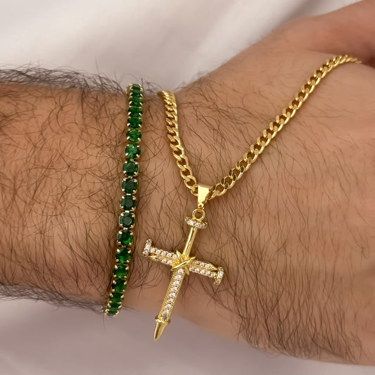 Cadena Tejido Cubana de Hombre de 60cm de 3mm + Cruz Clavo con Micro circones cristales + Pulsera Tennis Verde Esmeralda en Oro Laminado 18k con Garantia de por vida