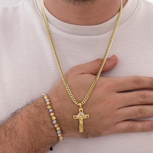 Cadena Tejido Cubana de hombre de 60cm de 3mm + Dije de Cruz Cristo Madero con Micro Circones + Pulsera de 3 Oros en Balin italiano en Oro Laminado 18k con Garantia de por vida