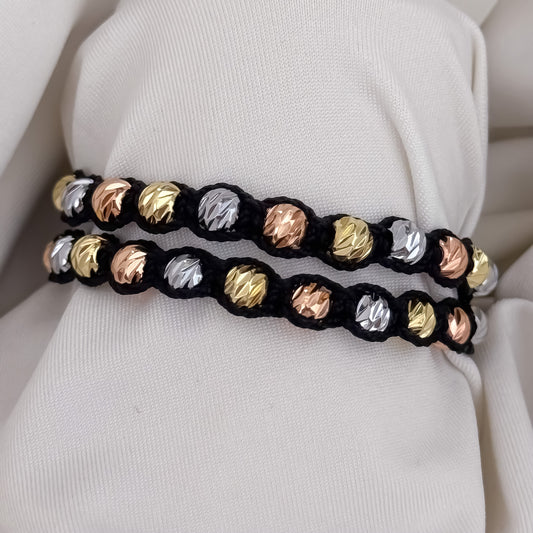 Promocion de 2 Pulseras Tejida Hilo Negro en Balin italiano de 3 Oros en 6mm en Oro Laminado 18k con Garantia de por vida