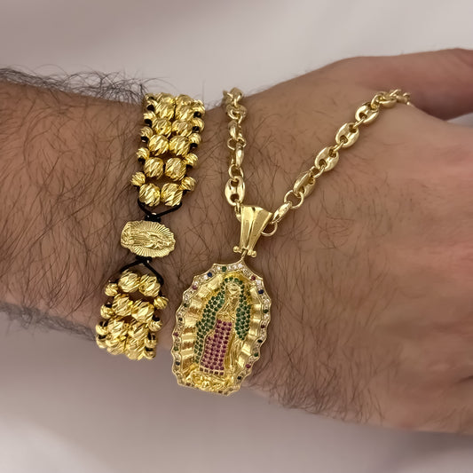 Cadena Tejido Gucci de Hombre 60cm de 5mm + Virgen de Guadalupe con Micro Cirocnes Cristales Verde Esmeralda + Pulsera Virgen de Guadalupe Doble Carril Balin Italiano de 6mm y 4mm en Oro Laminado 18k con Garantia de por vida