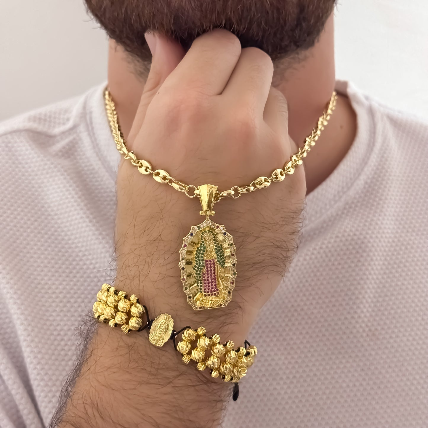 Cadena Tejido Gucci de Hombre 60cm de 5mm + Virgen de Guadalupe con Micro Cirocnes Cristales Verde Esmeralda + Pulsera Virgen de Guadalupe Doble Carril Balin Italiano de 6mm y 4mm en Oro Laminado 18k con Garantia de por vida