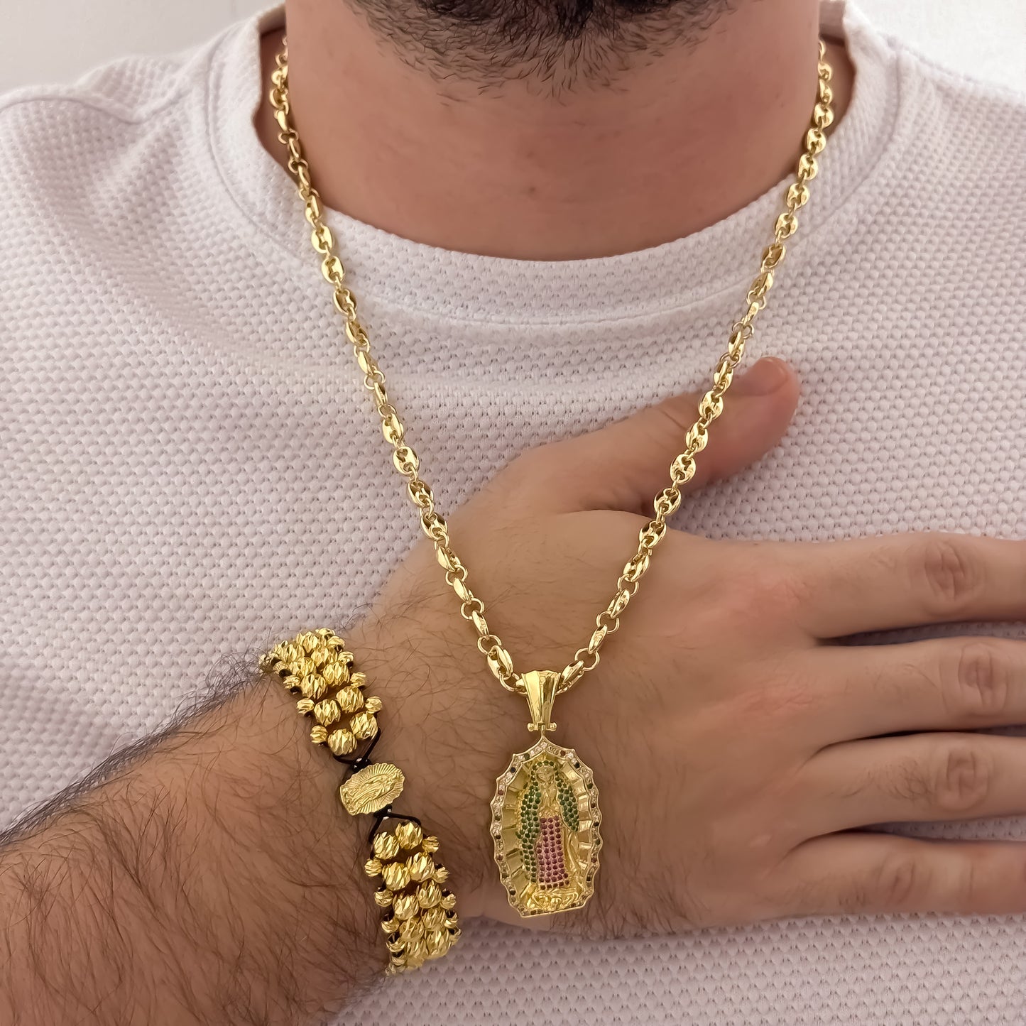 Cadena Tejido Gucci de Hombre 60cm de 5mm + Virgen de Guadalupe con Micro Cirocnes Cristales Verde Esmeralda + Pulsera Virgen de Guadalupe Doble Carril Balin Italiano de 6mm y 4mm en Oro Laminado 18k con Garantia de por vida