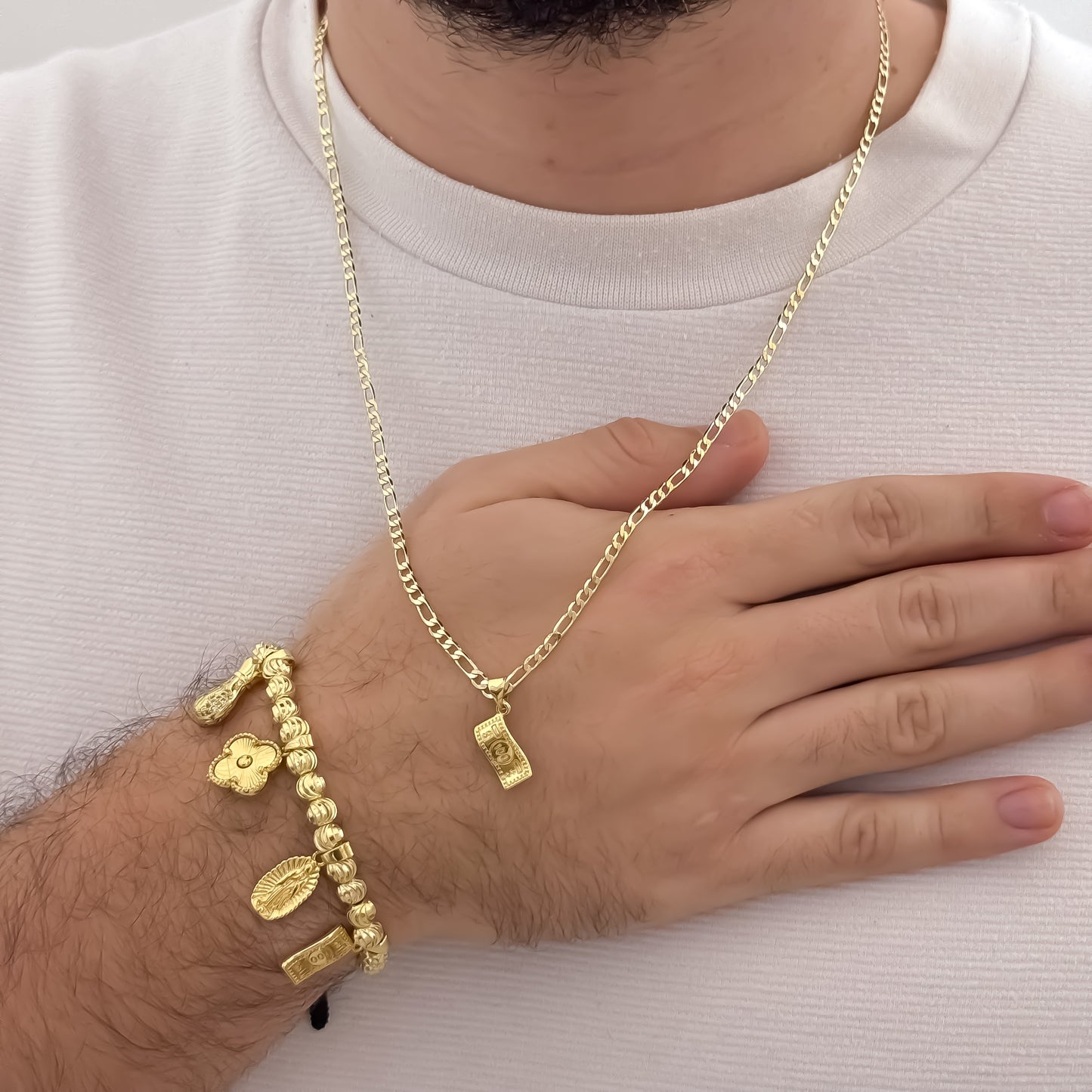 Cadena Tejido Catier de Hombre de 60cm de 3mm + Billete de Dolar + Pulsera de Abundancia y  Devoción