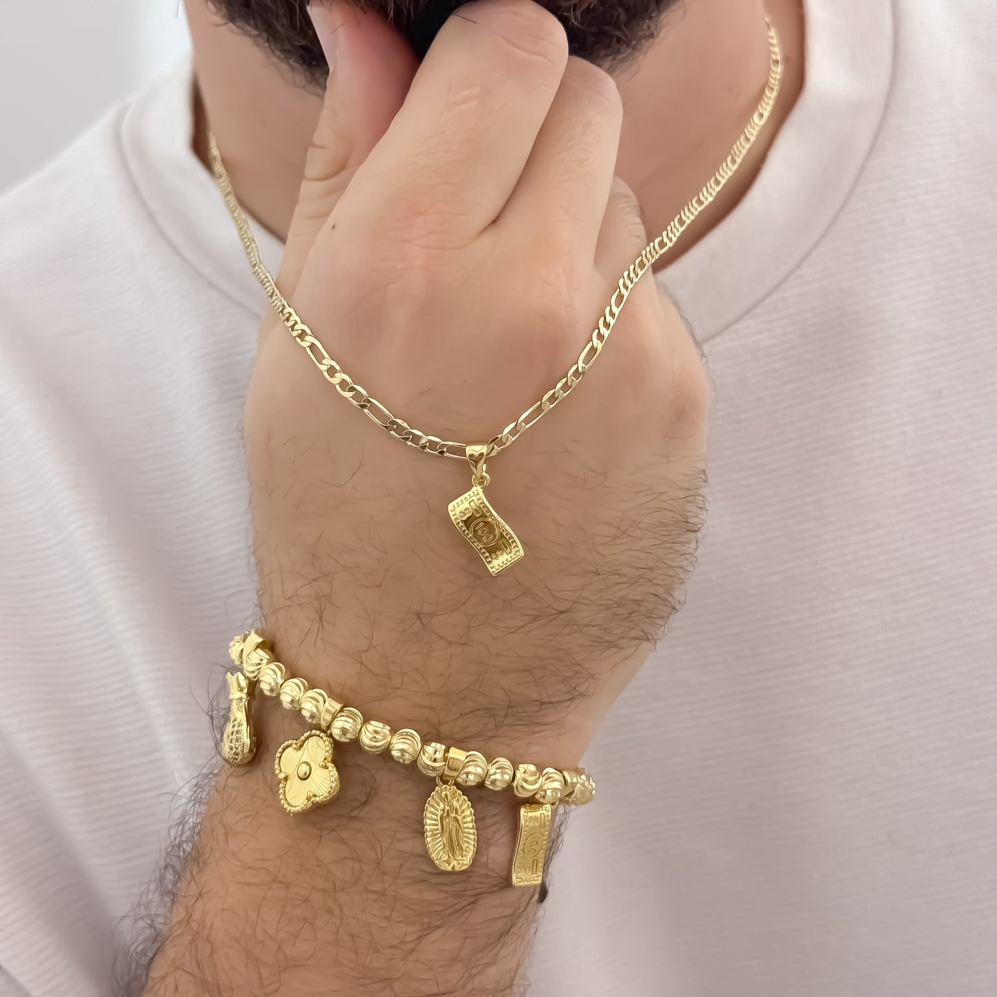 Cadena Tejido Catier de Hombre de 60cm de 3mm + Billete de Dolar + Pulsera de Abundancia y  Devoción