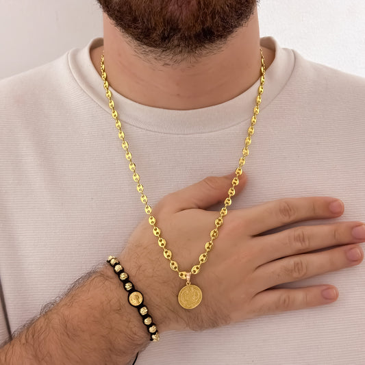 Cadena Tejido Gucci de Hombre de 60cm de 5mm + San Benito Proteccion + Pulsera Balin Italiano de 6mm en Oro Laminado 18k con Garantia de por vida