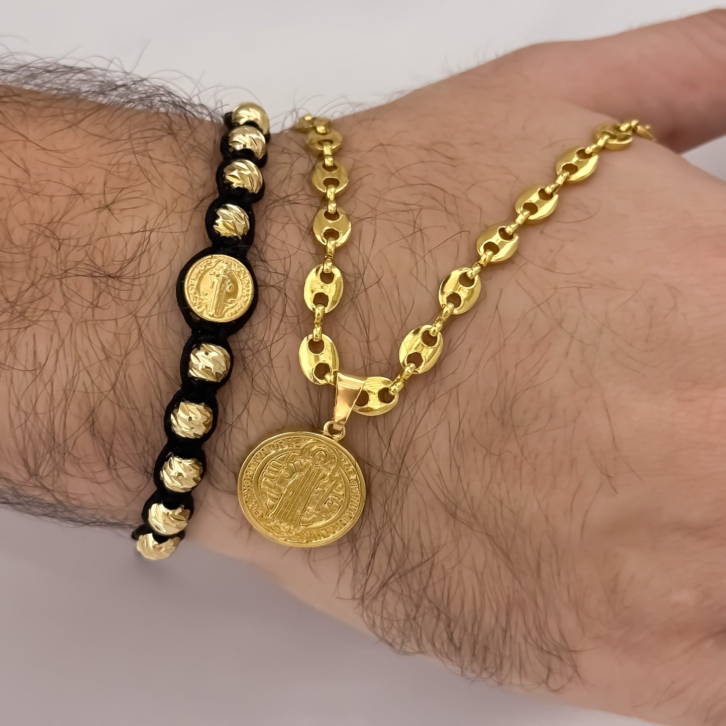 Cadena Tejido Gucci de Hombre de 60cm de 5mm + San Benito Proteccion + Pulsera Balin Italiano de 6mm en Oro Laminado 18k con Garantia de por vida