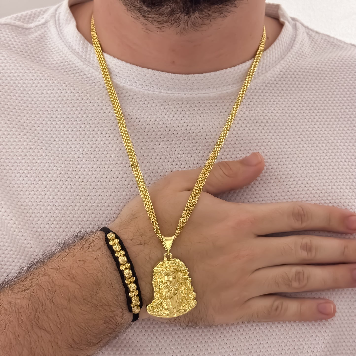 Cadena Tejido Chino de Hombre de 60cm de 5mm de Grosor + Rostro de  Jesus  Proteccion + Pulseras Balin Italiano Doble Carril en Oro Laminado 18k con Garantia de por vida