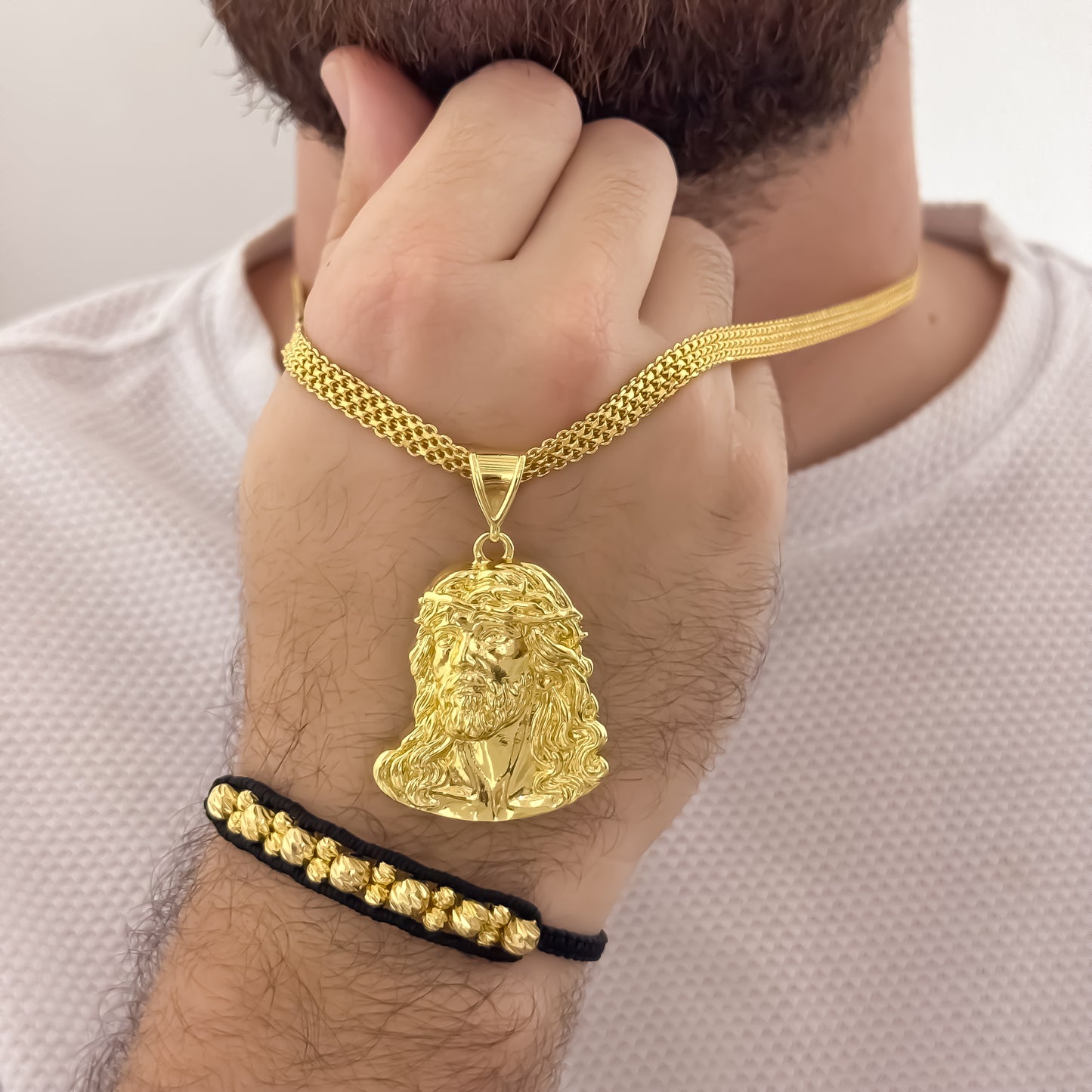 Cadena Tejido Chino de Hombre de 60cm de 5mm de Grosor + Rostro de  Jesus  Proteccion + Pulseras Balin Italiano Doble Carril en Oro Laminado 18k con Garantia de por vida