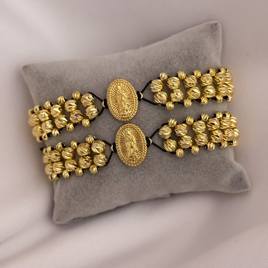 Promoción de 2 Pulseras para Parejas Cuatro Carriles  en Balin Italiano de 6mm con Amuleto protector de Virgen de Guadalupe en Oro Laminado 18k con Garantía de por vida