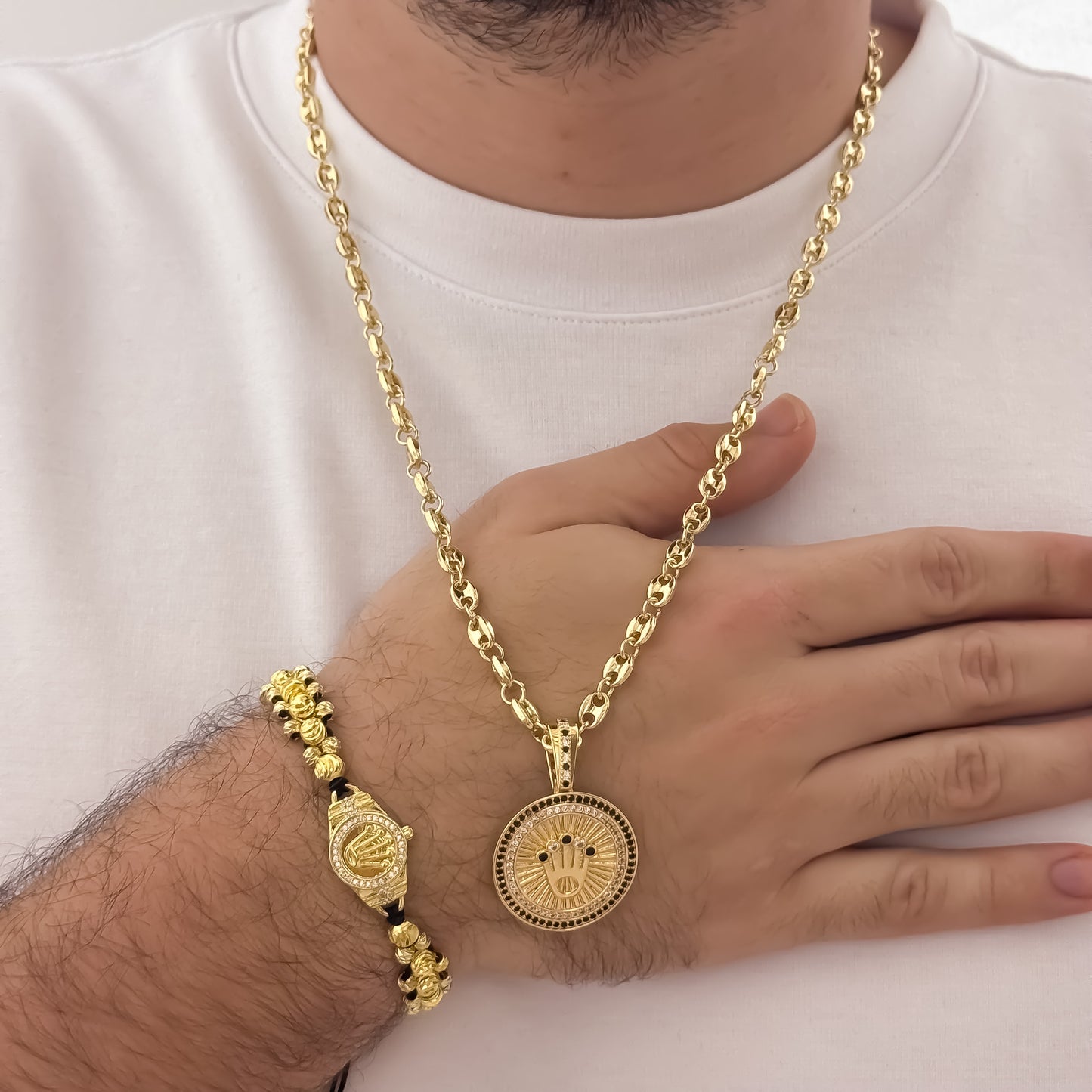 Cadena Tejido Gucci de Hombre de 60cm de 5mm + Corona Rolex con Micro Circones Cristales + Pulseras Rolex  de 3 Carriles en Balin Italiano en Oro Laminado 18k con Garantia de por vida