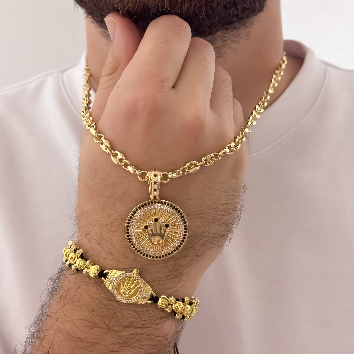 Cadena Tejido Gucci de Hombre de 60cm de 5mm + Corona Rolex con Micro Circones Cristales + Pulseras Rolex  de 3 Carriles en Balin Italiano en Oro Laminado 18k con Garantia de por vida