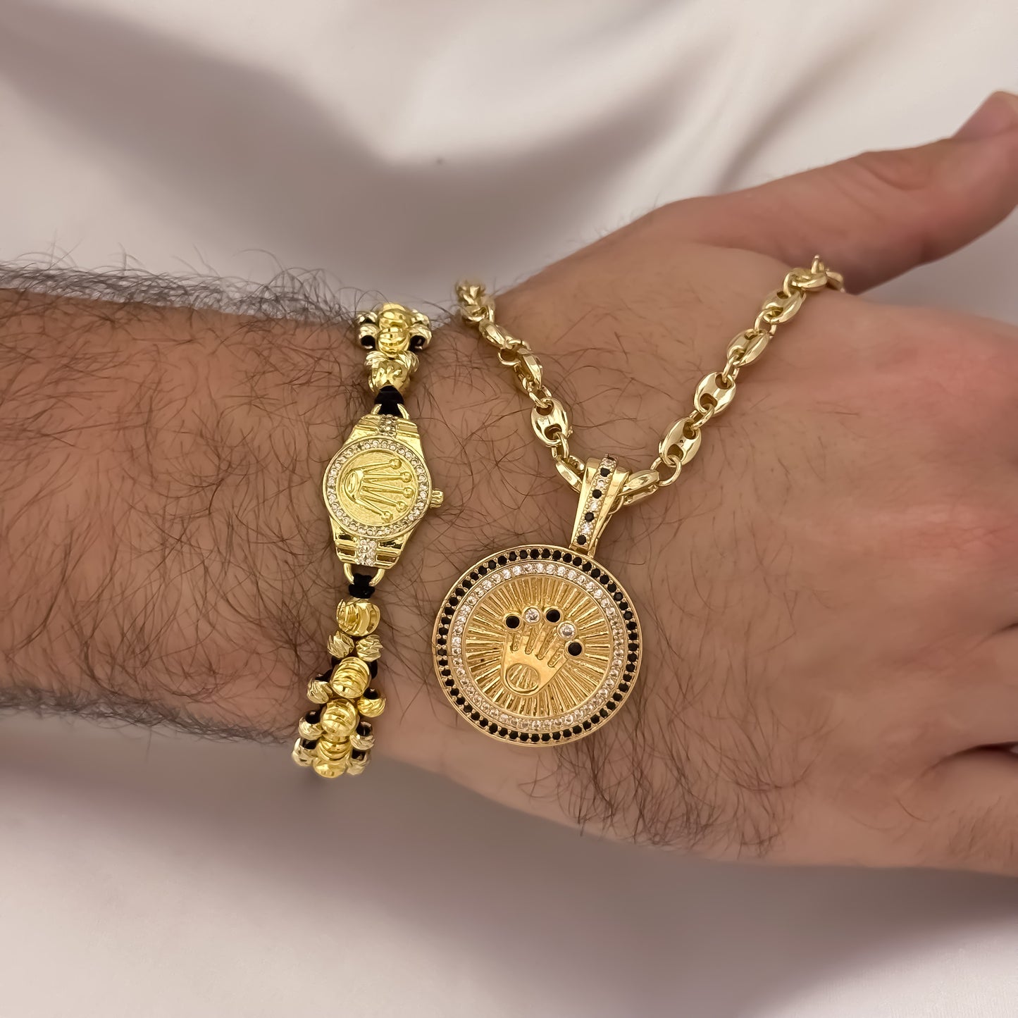 Cadena Tejido Gucci de Hombre de 60cm de 5mm + Corona Rolex con Micro Circones Cristales + Pulseras Rolex  de 3 Carriles en Balin Italiano en Oro Laminado 18k con Garantia de por vida