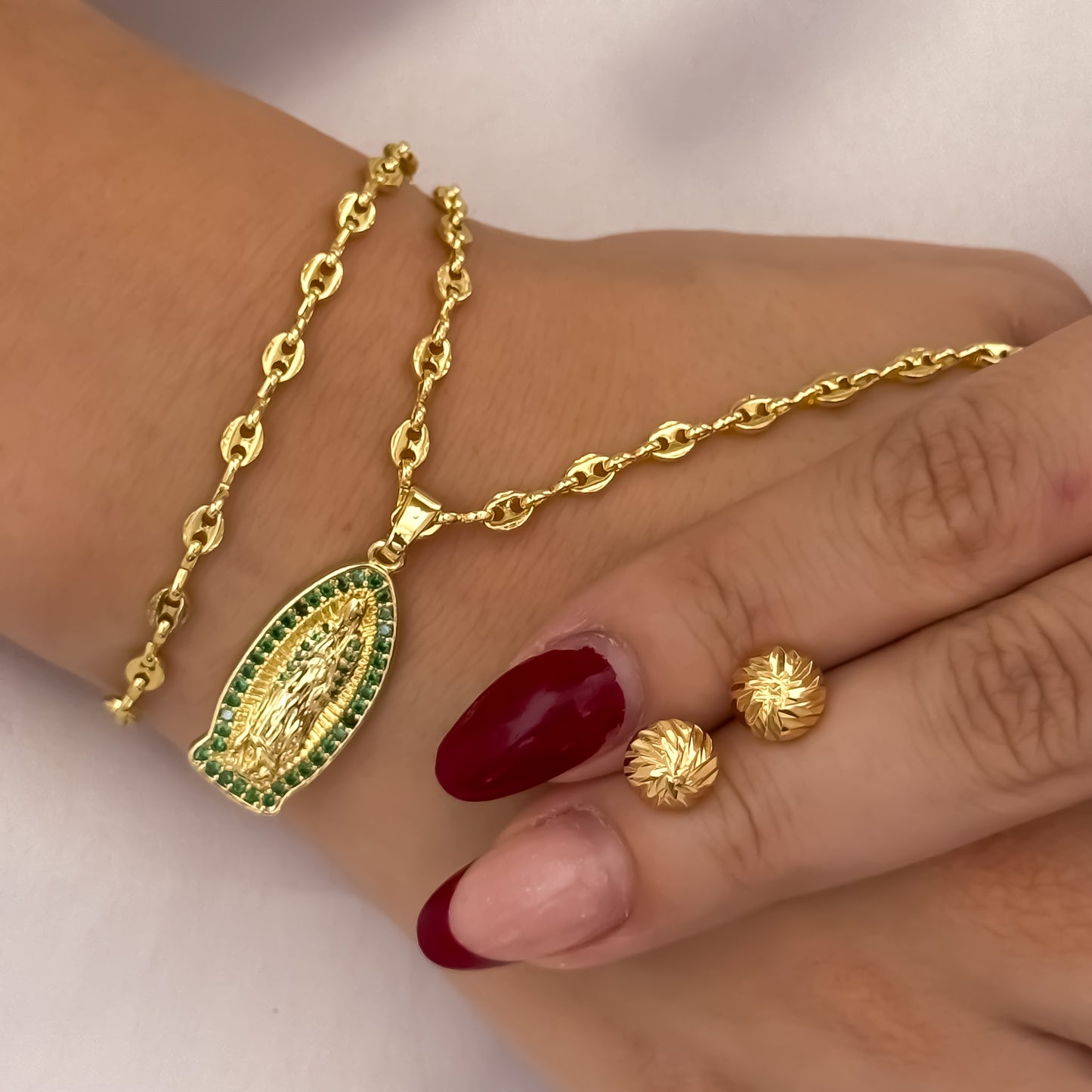 CONJUNTO TEJIDO GUCCI DE DAMA DE 45CM + VIRGEN DE GUADALUPE VERDE + PULSERA + TOPO BALIN DIAMANTADO EN ORO LAMIANDO 18K CON GARANTIA DE POR VIDA