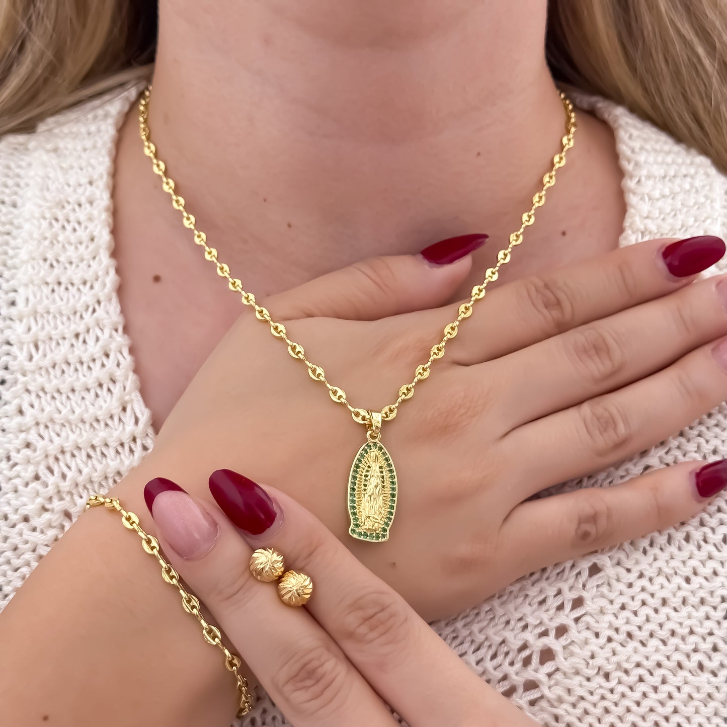 CONJUNTO TEJIDO GUCCI DE DAMA DE 45CM + VIRGEN DE GUADALUPE VERDE + PULSERA + TOPO BALIN DIAMANTADO EN ORO LAMIANDO 18K CON GARANTIA DE POR VIDA
