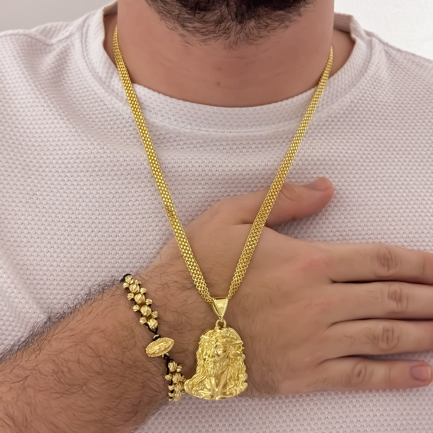 Cadena Tejido Chino Doble Carril Rostros de Jesús Tallado + Pulsera de Virgen de Guadalupe Tallada de 3 Carriles en Balin italiano de 5mm en Oro Laminado 18k con Garantia de por vida