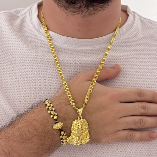 Cadena Tejido Chino Doble Carril Rostros de Jesús Tallado + Pulsera de Virgen de Guadalupe Tallada de 3 Carriles en Balin italiano de 5mm en Oro Laminado 18k con Garantia de por vida
