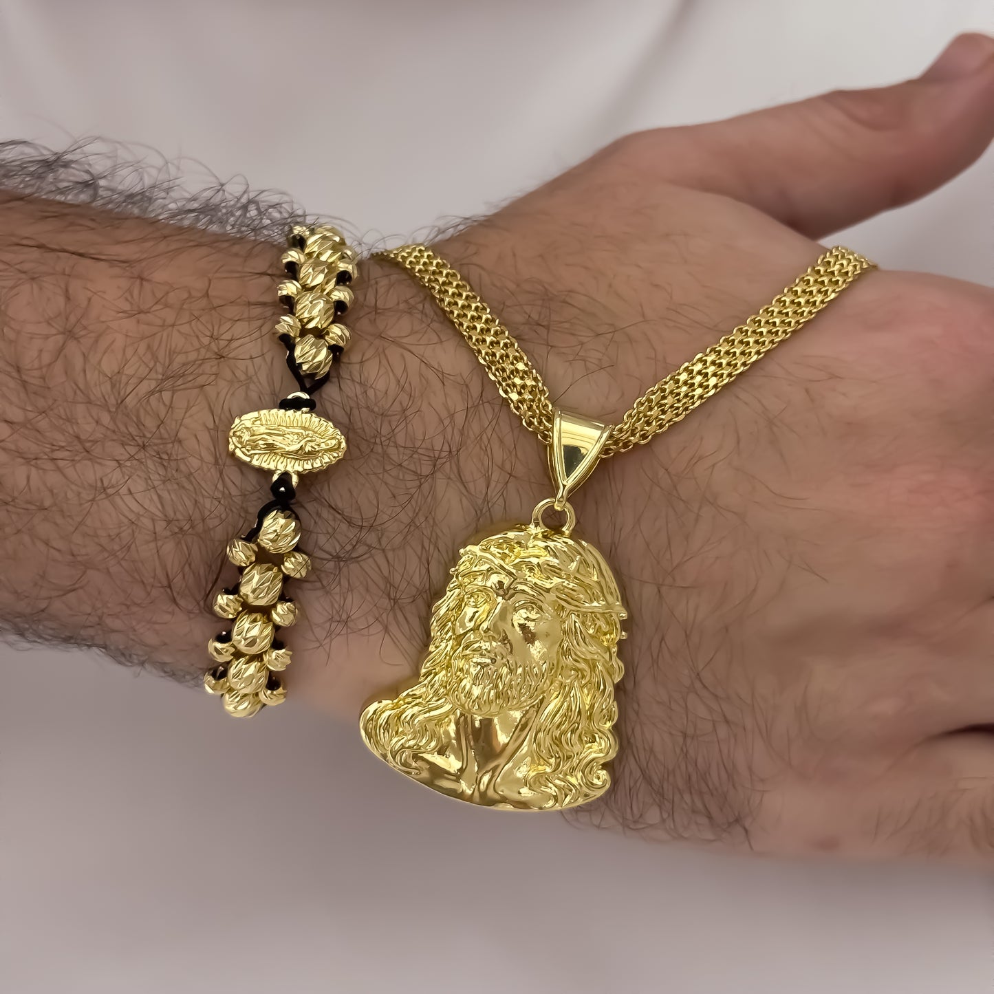 Cadena Tejido Chino Doble Carril Rostros de Jesús Tallado + Pulsera de Virgen de Guadalupe Tallada de 3 Carriles en Balin italiano de 5mm en Oro Laminado 18k con Garantia de por vida