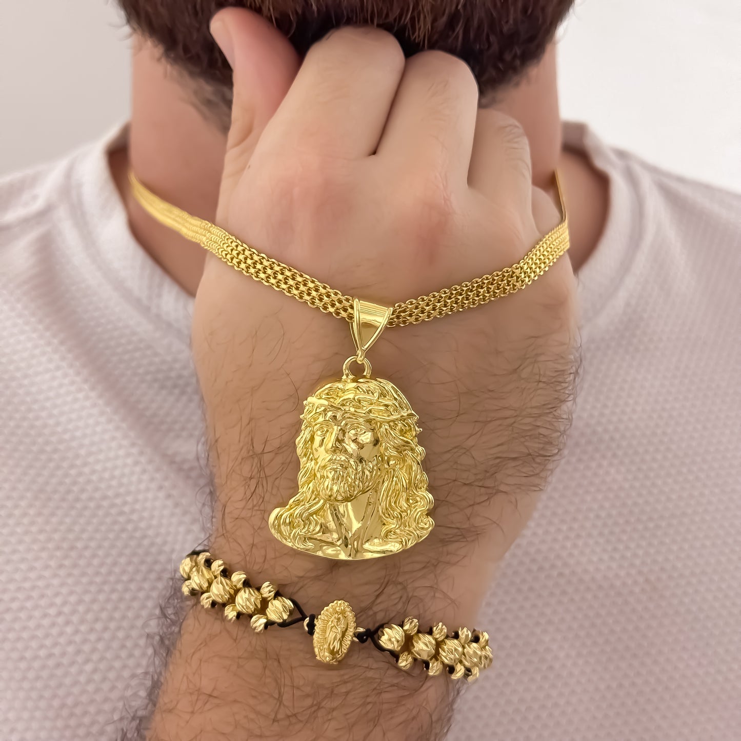 Cadena Tejido Chino Doble Carril Rostros de Jesús Tallado + Pulsera de Virgen de Guadalupe Tallada de 3 Carriles en Balin italiano de 5mm en Oro Laminado 18k con Garantia de por vida