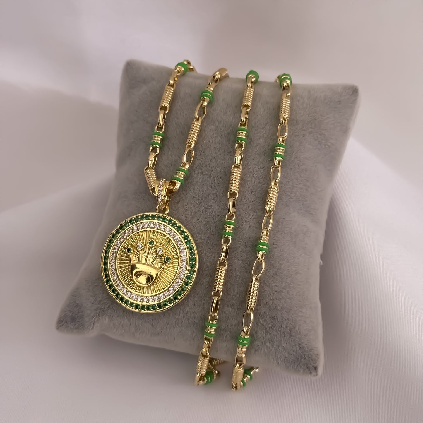 Cadena Tejido Rustica de Hombre de 60cm de 4mm con Cauchos Verde  + Corona Rolex con Micro Circones Verde Esmeralda