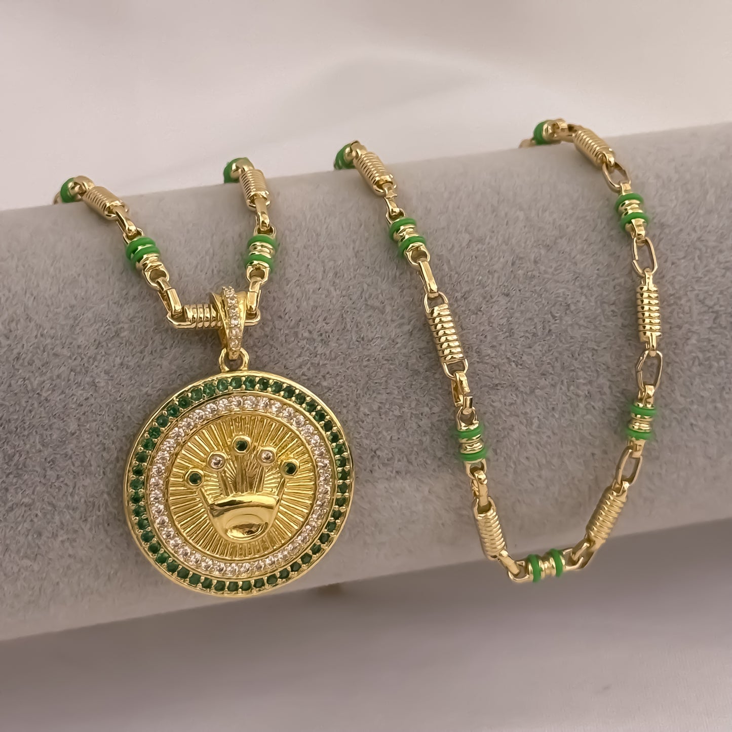 Cadena Tejido Rustica de Hombre de 60cm de 4mm con Cauchos Verde  + Corona Rolex con Micro Circones Verde Esmeralda