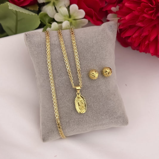 Cadena Tejido Chino de Dama de 45cm de 3mm + Virgen de Guadalupe Tallada + Topo Balin Diamantado de 6mm en Oro Laminado 18k con Garantía de por vida