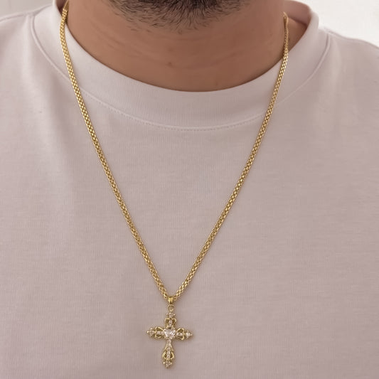 Cadena Tejido Chino de Hombre de 60cm de 3mm + Cruz Cristo Micro Circones Blancos en Oro Laminado 18k con Garantia de por vida