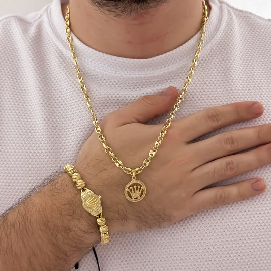 Conjunto Rolex de Cadena Gucci de Hombre de 60cm de 4m + Corona + Pulsera Rolex con Balin Italiano de 8mm en Oro Laminado 18k con Garantia de por vida