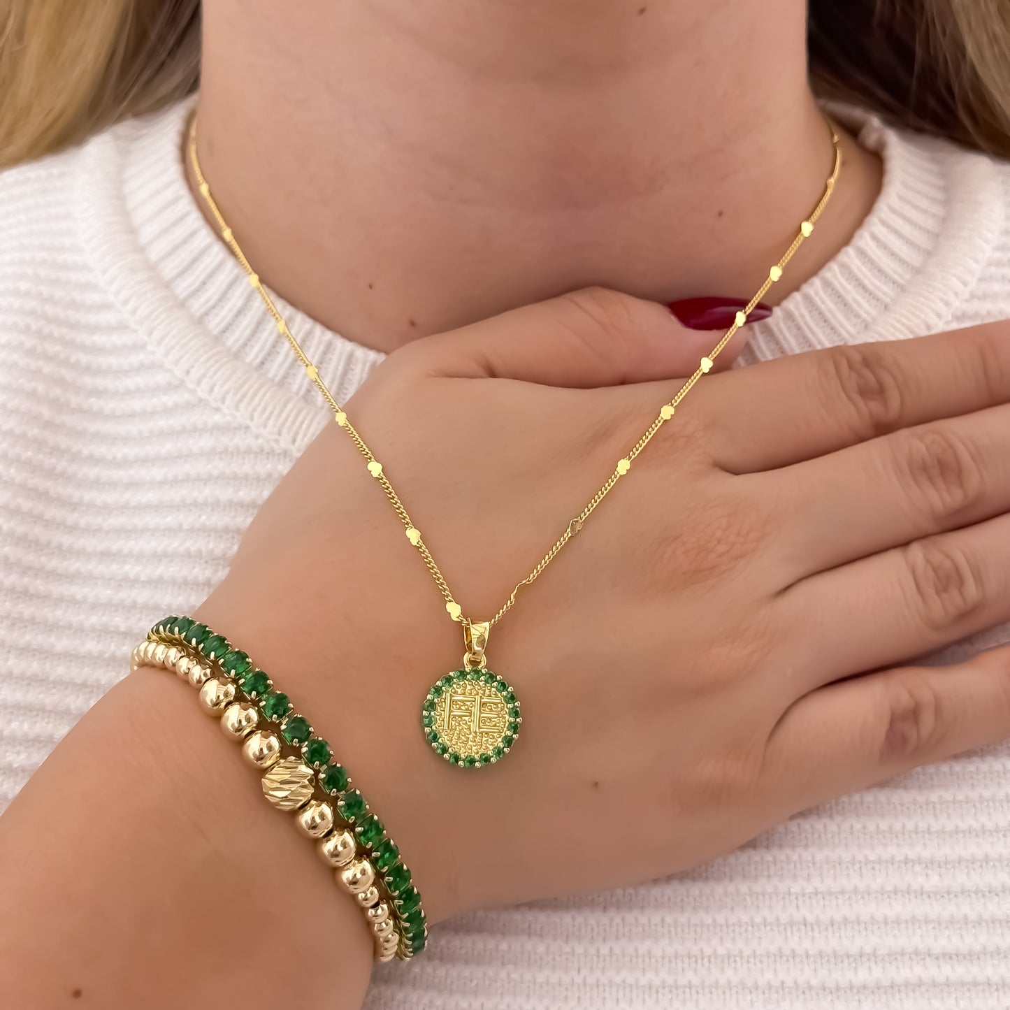 Juego para Dama de Cadena Cubana de 45cm + Dije de Fe + Pulseras Verde Esmeralda + Pulsera Full Balines de 4mm en Oro Laminado 18k
