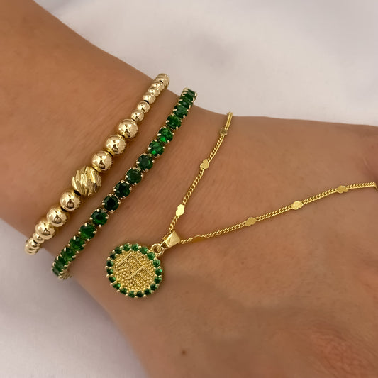 Juego para Dama de Cadena Cubana de 45cm + Dije de Fe + Pulseras Verde Esmeralda + Pulsera Full Balines de 4mm en Oro Laminado 18k
