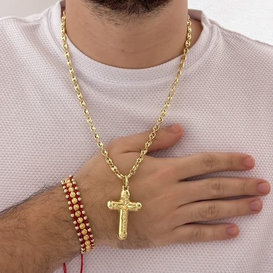 Cadena Tejido Gucci de Hombre de 60cm de 4mm + Cruz Cristo Madero + Pulseras de 3 Carriles Italiano y liso en Oro Laminado 18k