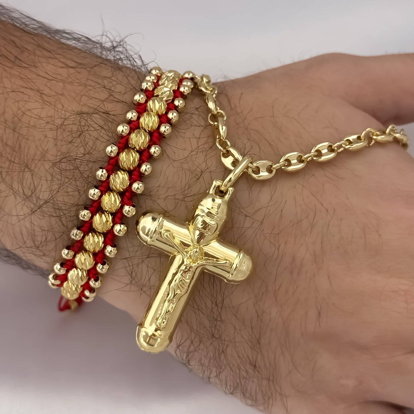Cadena Tejido Gucci de Hombre de 60cm de 4mm + Cruz Cristo Madero + Pulseras de 3 Carriles Italiano y liso en Oro Laminado 18k