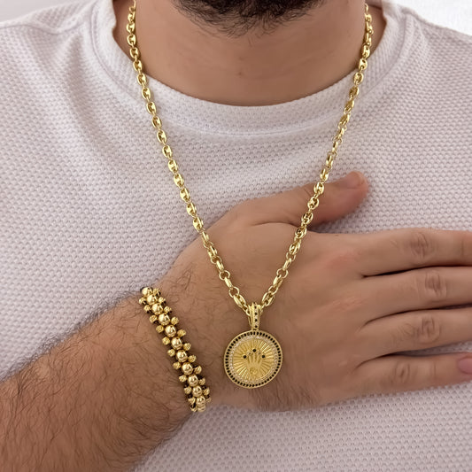 Conjunto para Caballero Cadena Tejido Gucci de 60cm de 3mm +  Corona Rolex Verde +  Pulsera de 3 Carriles en Balin Italiano en Oro Laminado 18k