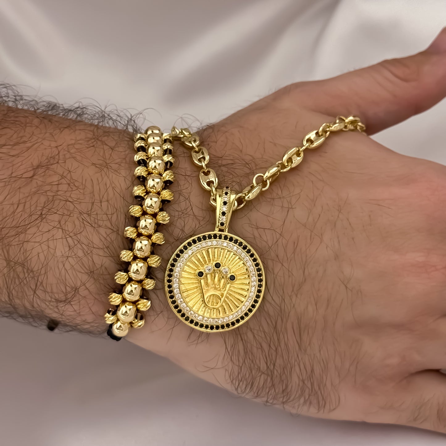 Conjunto para Caballero Cadena Tejido Gucci de 60cm de 3mm +  Corona Rolex Verde +  Pulsera de 3 Carriles en Balin Italiano en Oro Laminado 18k