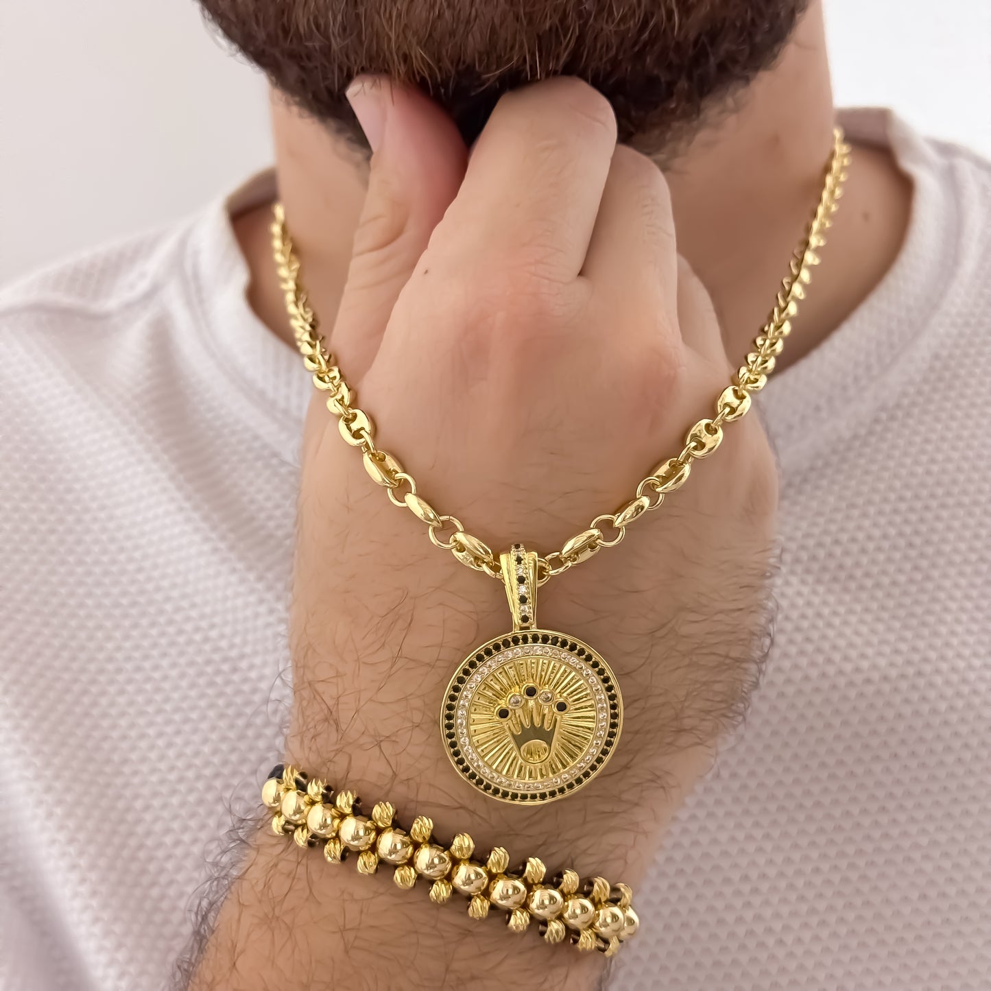 Conjunto para Caballero Cadena Tejido Gucci de 60cm de 3mm +  Corona Rolex Verde +  Pulsera de 3 Carriles en Balin Italiano en Oro Laminado 18k