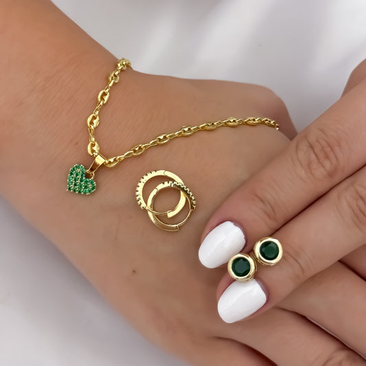 Cadena Tejido Gucci de Dama de 45cm de 3mm + Corazon Verde Esmeralda + Topos Verde + Candongas Verde Esmeralda en Oro Laminado 18k con Garantia de por vida