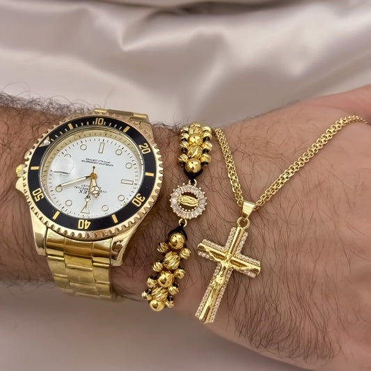 Cadena Tejido Chino de Hombre de 60cm de  cruz cristo Madero + Pulseras de Tres carilles virgen de Guadalupe + Reloj Rolex en Oro Laminado 18k con garantía de por vida