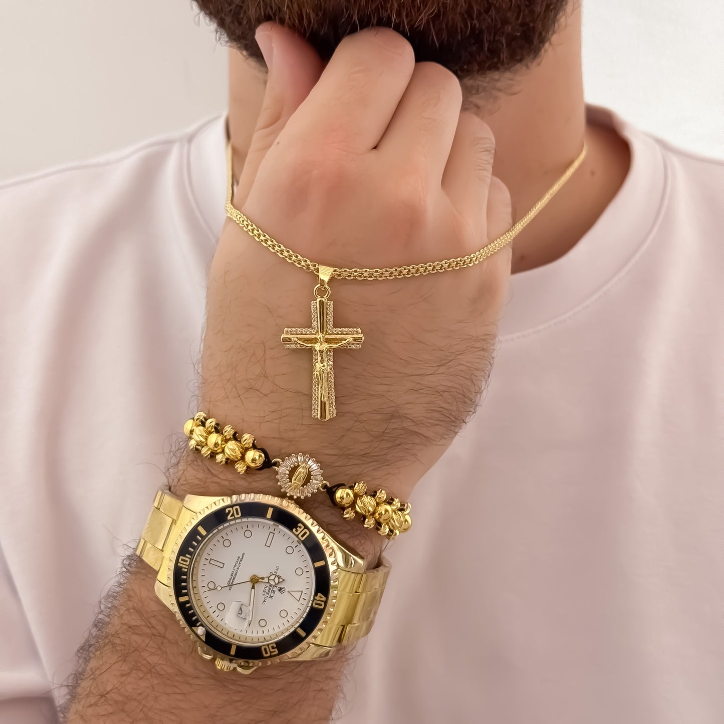 Cadena Tejido Chino de Hombre de 60cm de  cruz cristo Madero + Pulseras de Tres carilles virgen de Guadalupe + Reloj Rolex en Oro Laminado 18k con garantía de por vida