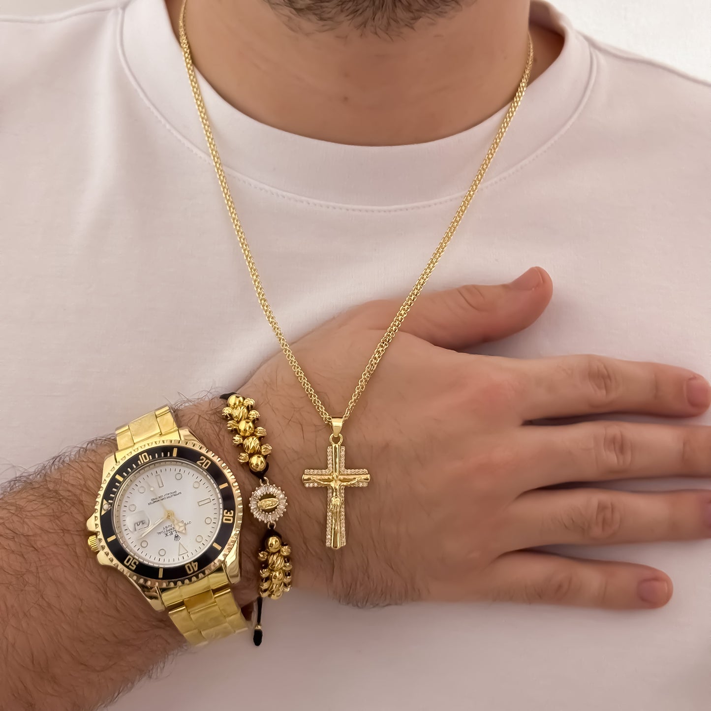 Cadena Tejido Chino de Hombre de 60cm de  cruz cristo Madero + Pulseras de Tres carilles virgen de Guadalupe + Reloj Rolex en Oro Laminado 18k con garantía de por vida