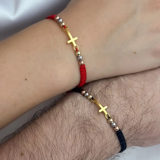 Manillas Tejidas Para Parejas Con Balines Tres Oros Con Herraje De Cruz