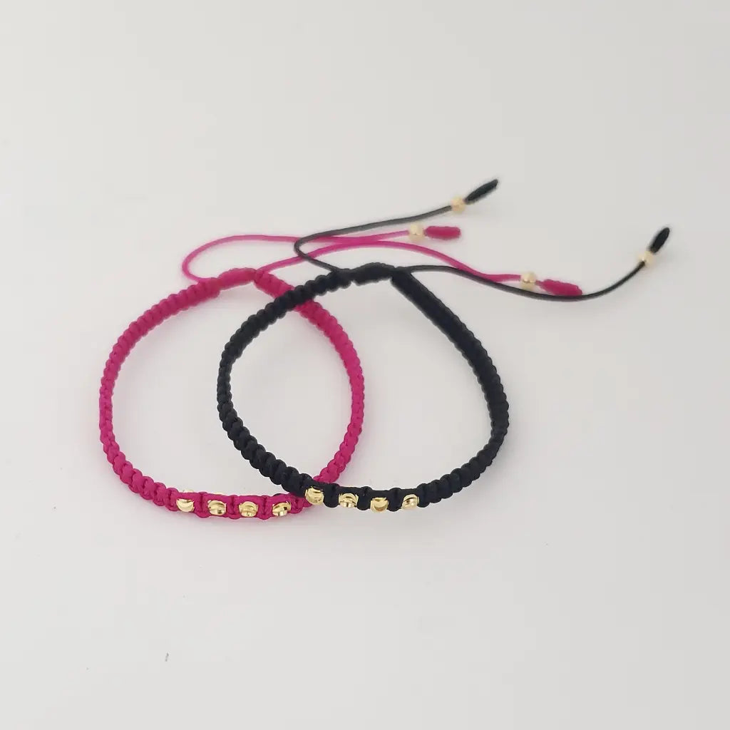 Par De Manillas Fucsia Y Negra De Tejido Macramé Con Balines Italianos + Envío Gratis