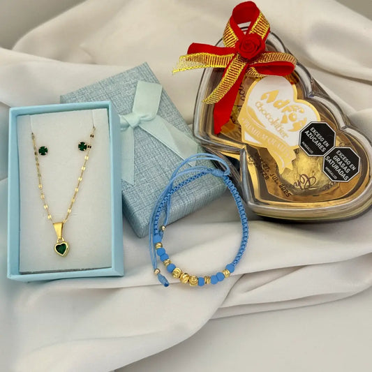 Promoción Para El Dia De Las Madres Con Cadena De Tejido Crispeta De 50cm-2mm De Grosor + Dije De Corazón Esmeralda + Topos Esmeralda + Pulsera Y Chocolates + Envío Gratis