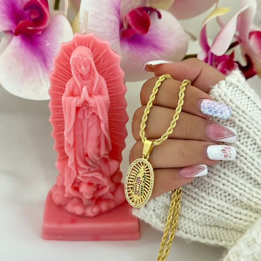 Promoción Para El Dia De Las Madres Con Cadena De Tejido Lazo De 50cm-3mm De Grosor + Dije De La Virgen De Guadalupe Y Vela De Diseño De La Virgen + Envío Gratis