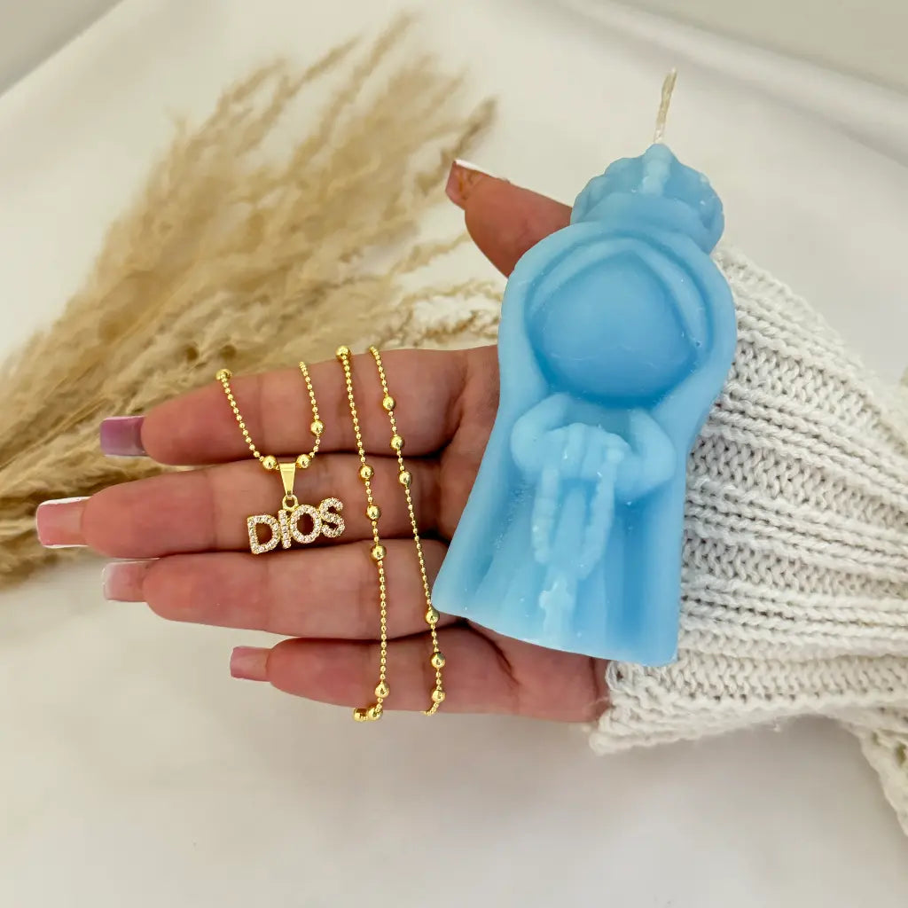 Promoción Para El Dia De Las Madres Con Cadena De Tejido Militar Con Balines De 50cm-3mm De Grosor + Dije De 'DIOS' Y Vela De Diseño De La Virgen + Envío Gratis