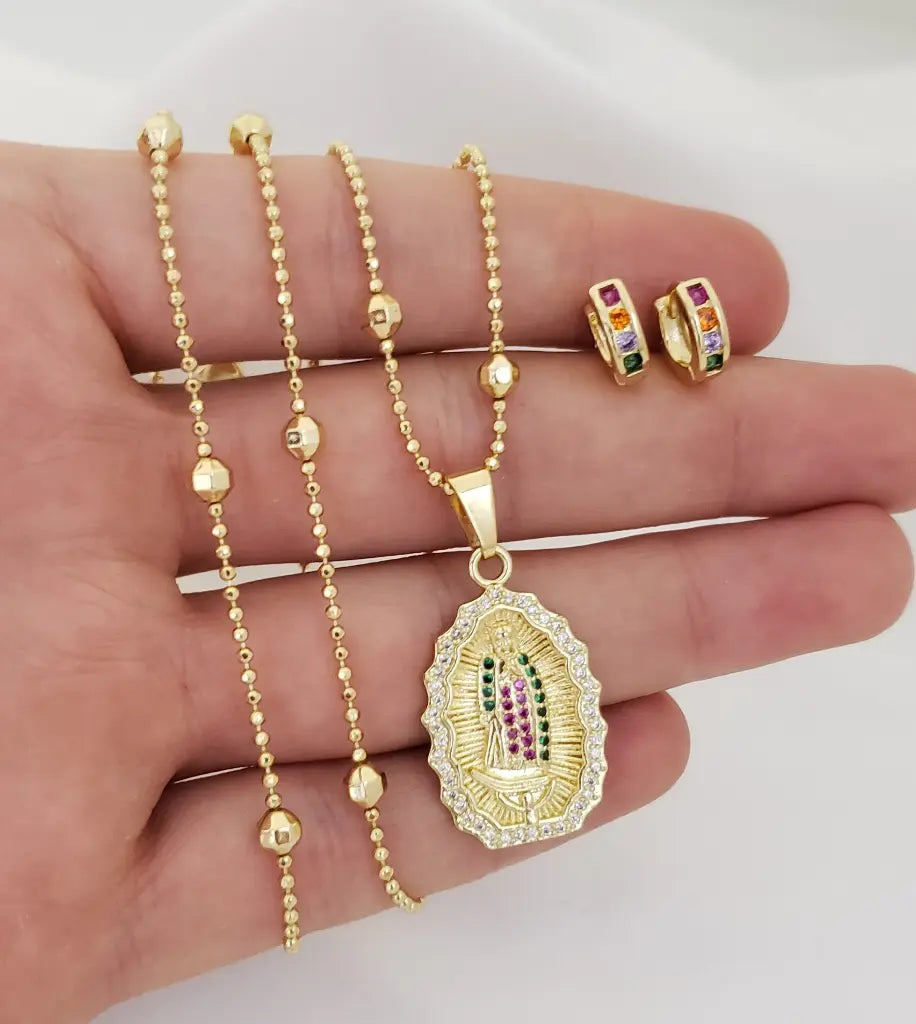 Conjunto De Dama Con Cadena De Tejido Militar Con Balines De 50cm-3mm De Grosor +  Dije De La Virgen De Guadalupe + Candongas De 9mm + Envío Gratis